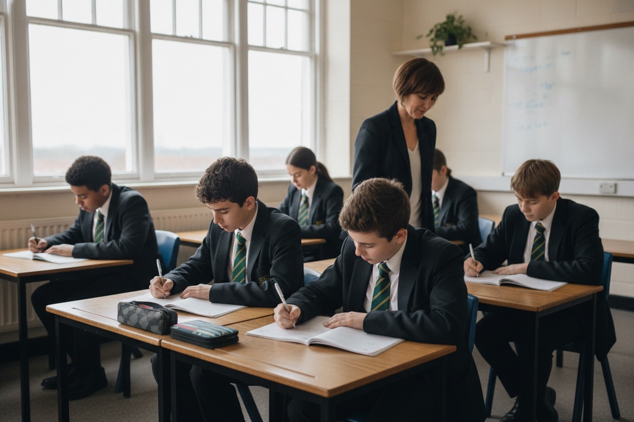 Students in uniform working in a UK classroom, phones sealed away
