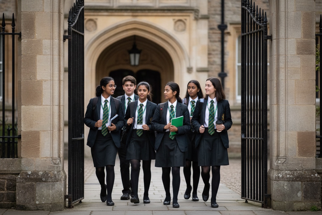 Students in uniform arriving at the school gate