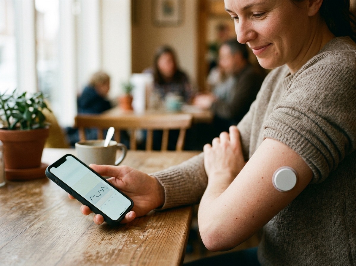 A person with a continuous glucose monitor on their arm checking live readings on their phone