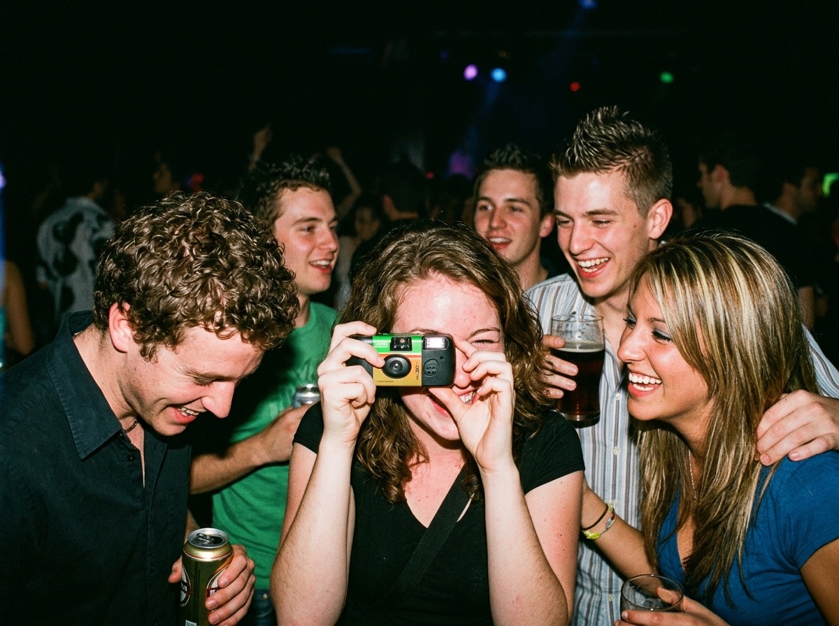 Friends using a disposable camera at a party instead of phones
