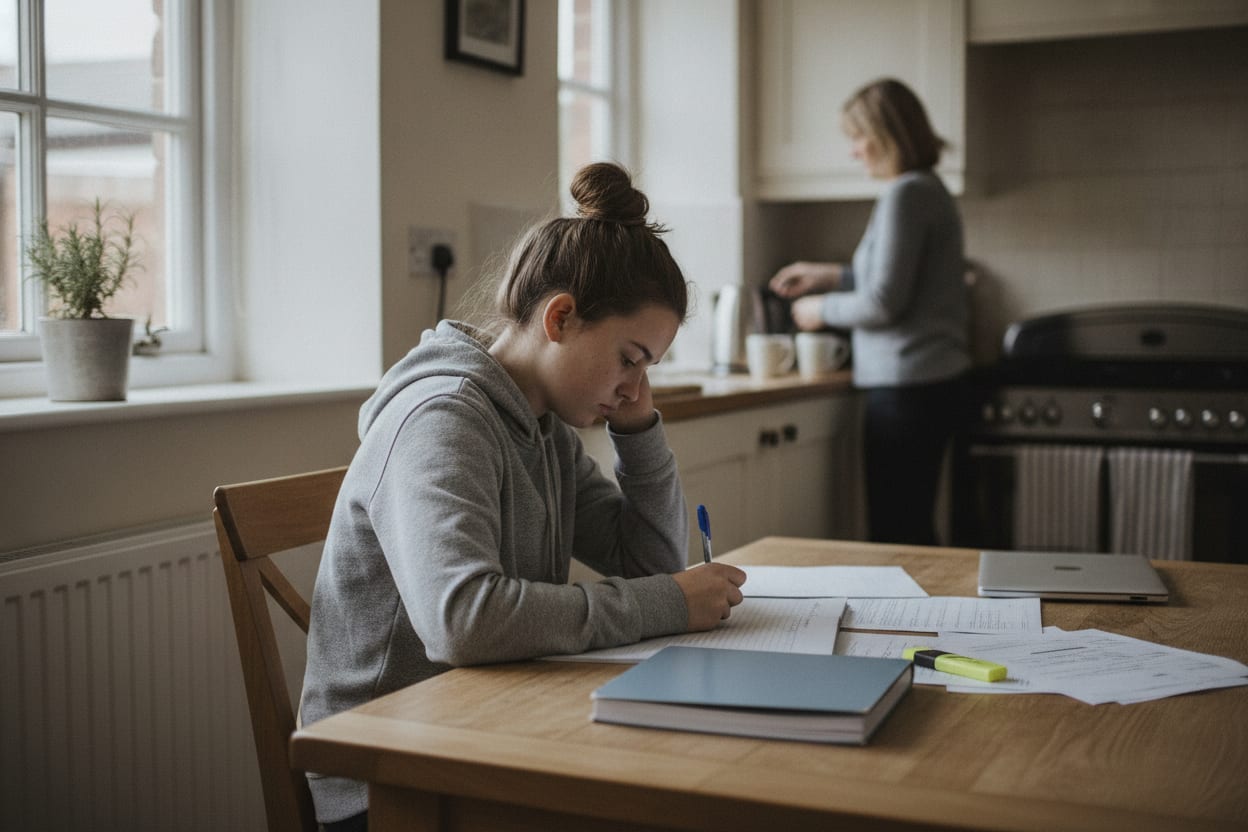 A teenage girl working through a past paper at a kitchen table while a parent makes tea in the background